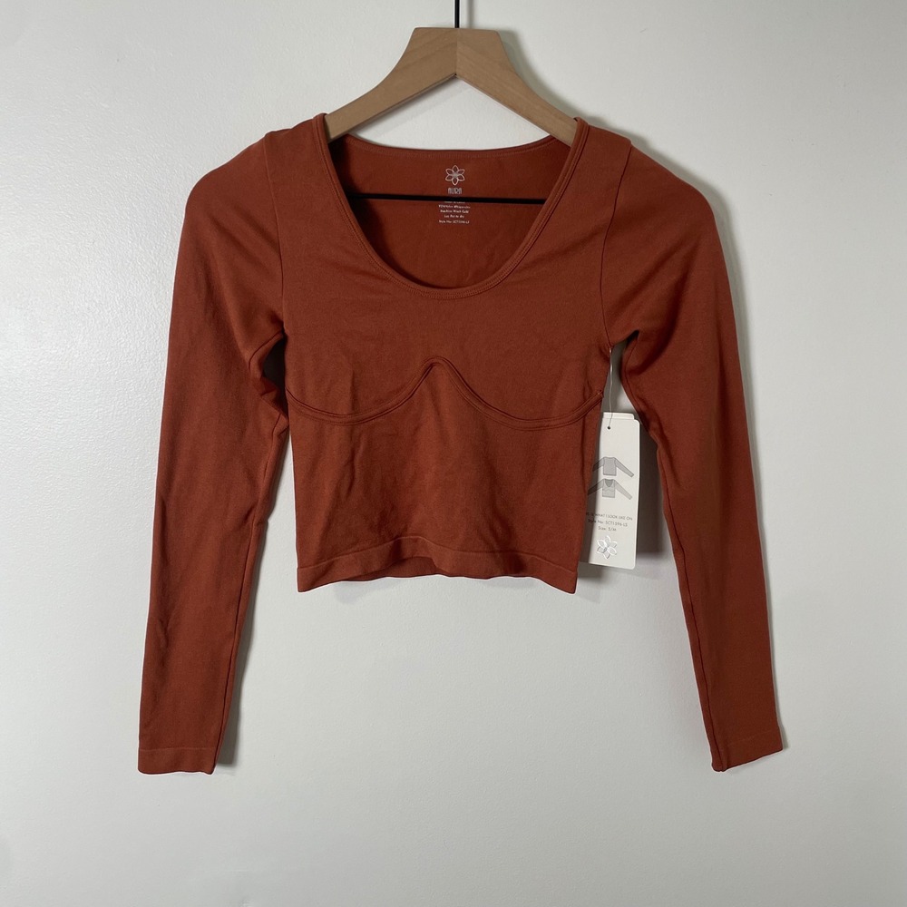 Aura Ribbed Crop Top Womens XS Brown Long Sleeve NWT Yoga Workout Activewear